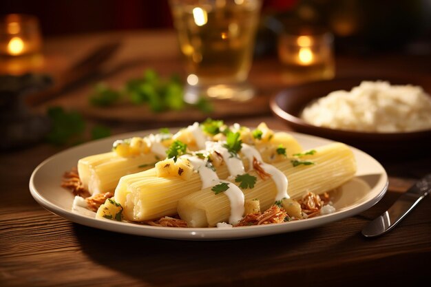 Tamales serviti con un accanto di condimento piccante di avocado-lime