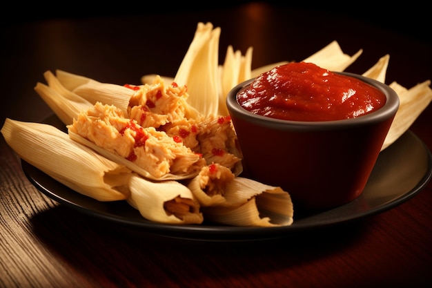 Tamales serviti con un lato di salsa chipotle piccante