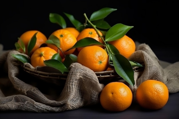 Tangerine allettanti con foglie lussureggianti sul tavolo AI generativa