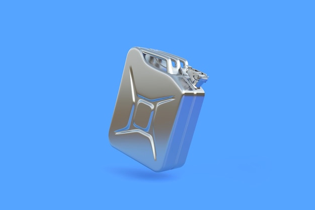 Tanica di benzina Silver Jerrycan su sfondo blu brillante con rendering 3D dello spazio di copia