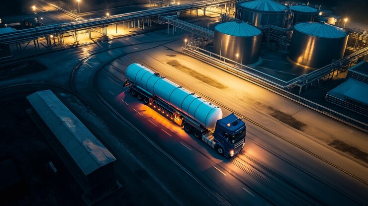 Tanker truck drives past industrial storage tanks at night