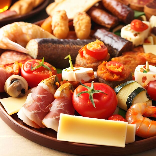 Tapas spagnole assortite con salsiccia di pesce, formaggio e verdure