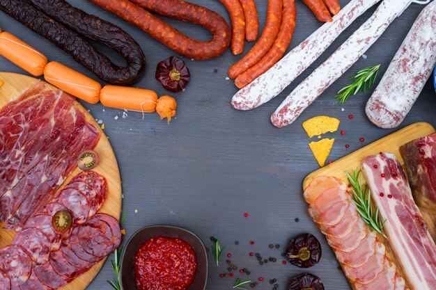 Tapas spagnole con salame, chorizo, lomo, jamon con salsa red hol salsa e olive, tavolo da picnic