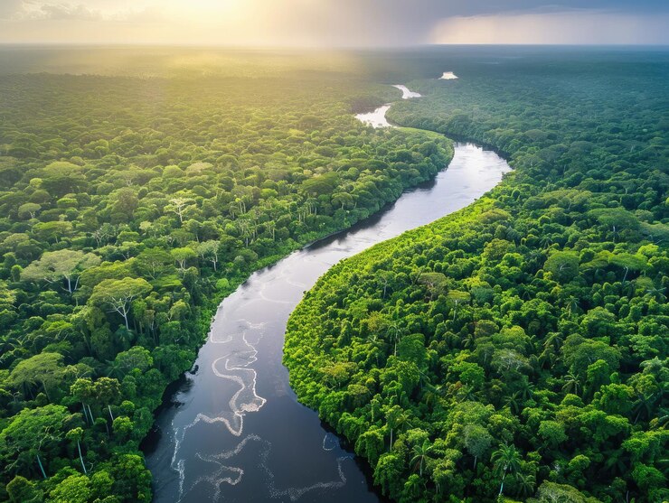 Tapestry tropicale Vista aerea cattura foreste pluviali densa vegetazione e sistema fluviale meandrante Immo