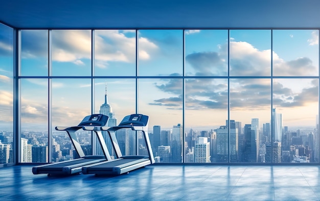 Tapis roulants nel centro fitness con vista sui grattacieli e sullo spazio di copia della città moderna