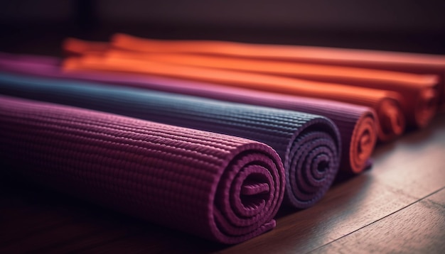 Tappetini colorati impilati per la pratica dello yoga indoor generati dall'intelligenza artificiale