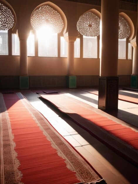 Tappetini di preghiera in una moschea illuminata dal sole