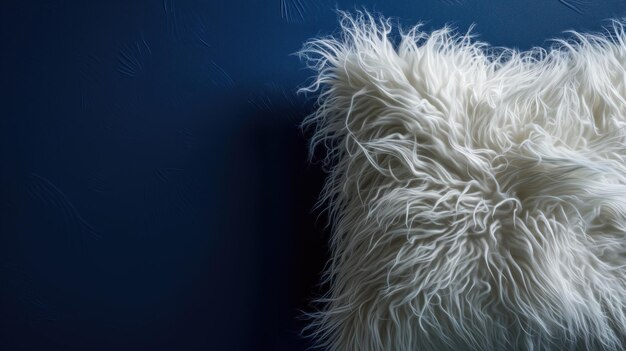 Tappeto bianco peloso su uno sfondo blu scuro che crea un contrasto di texture