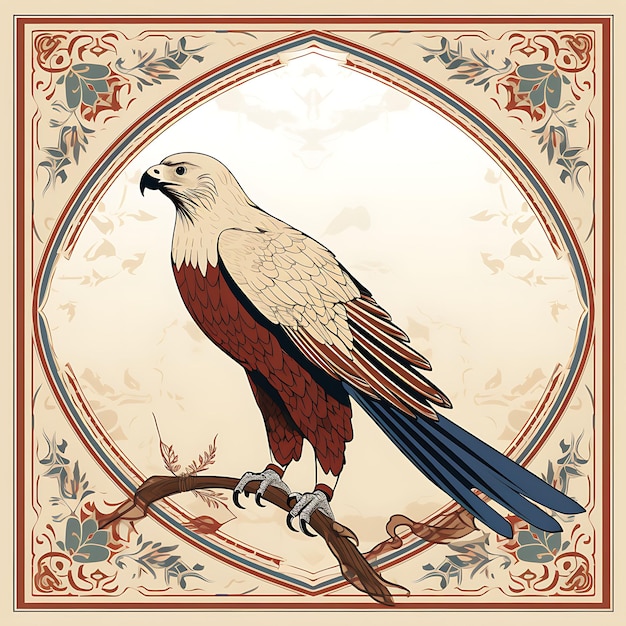 Tappeto da caccia con falco del Qatar, motivo da caccia con falco, linea diagonale, motivi in broccato, cornice artistica decorativa