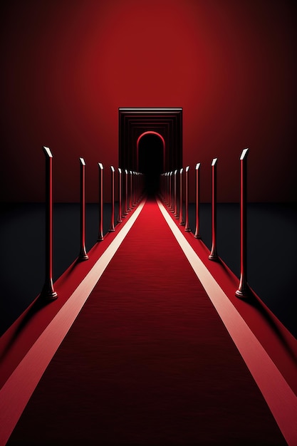 Tappeto rosso che conduce al cancello rosso di notte. Rappresentazione 3D