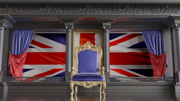 Tappeto rosso con barriere che portano al trono della regina del trono del Regno Unito con la bandiera del Regno Unito sullo sfondo Rendering 3D