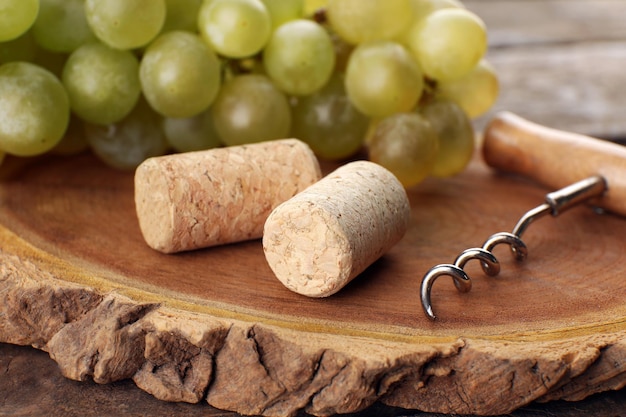 Tappi vino e tailspin con grappolo d'uva su fondo in legno