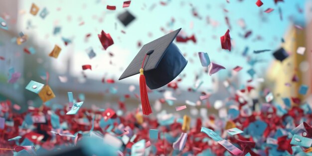 Tappo di graduazione con sfondo di coriandoli Concetto di giorno della laurea Ai generativo