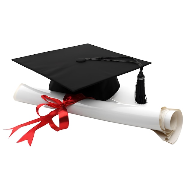 Tappo di graduazione e rotolo di diploma isolato su sfondo bianco rendering 3d