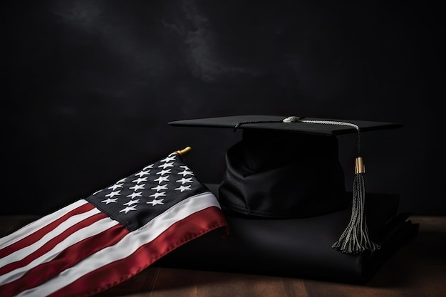 Tappo di graduazione sulla bandiera americana Istruzione e concetto di graduazione