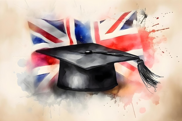 Tappo di graduazione sullo sfondo dell'acquerello della bandiera britannica Generative AI 4
