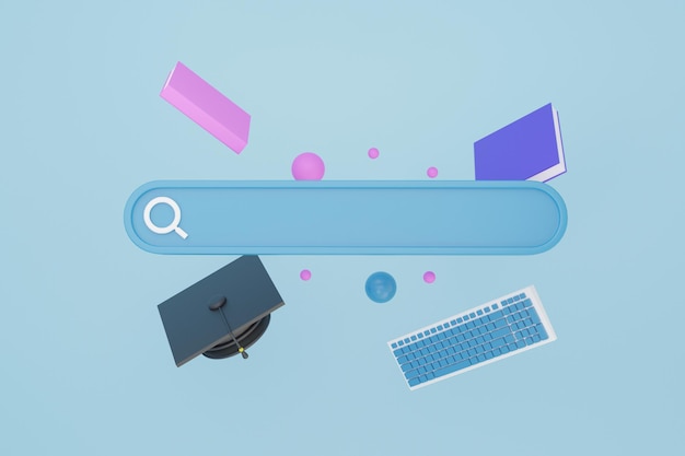 Tappo di laurea e barra di ricerca del libro Concetto di formazione online. sfondo blu stile minimale Trova l'apprendimento o le storie per il modello di pagina dell'applicazione del sito Web banner. rendering 3D