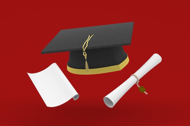 Tappo di laurea e certificati lato anteriore isolato su sfondo rosso