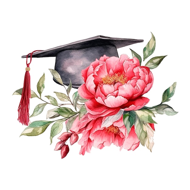 Tappo graduato con peonia acquerello AI illustrazione generativa Graduazione di classe isolata