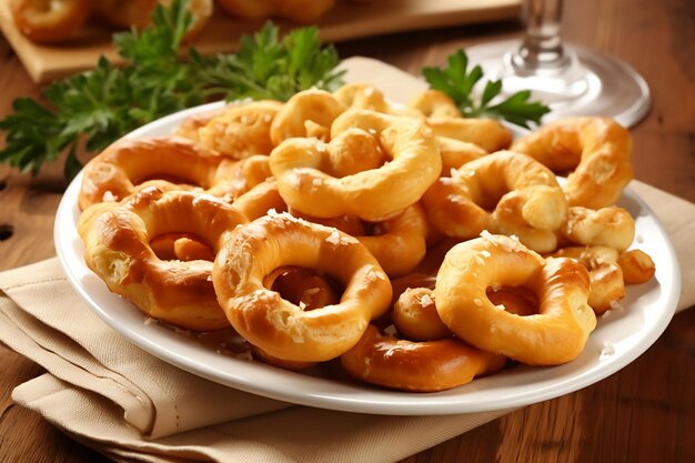 Taralli Italiani Un piatto di salatini con un bicchiere di vino sul lato