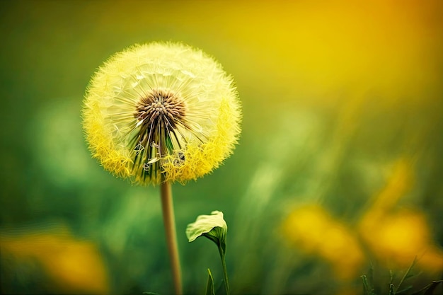 Tarassaco giallo solitario con semi in natura su sfondo verde sfocato ai generativo