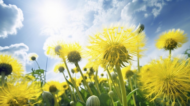 Tarassaco in un campo con il sole che splende su di loro