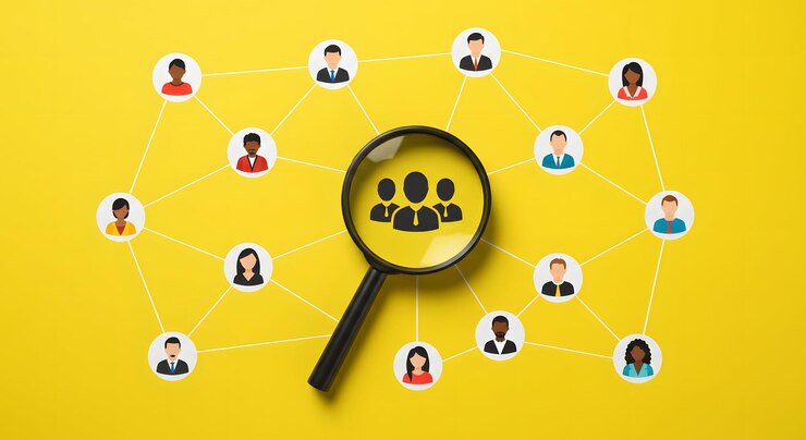 Photo target audience and customer focus concept a black magnifying glass highlighting a group of people