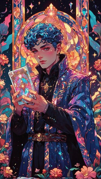 Tarot Art Nouveau e Synthwave El Mago Dominio de los Elementos Curvas Armonicas Motivos Florales Dig