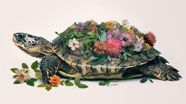 Tartaruga adornata da una vivace schiera di fiori sul suo guscio su uno sfondo bianco