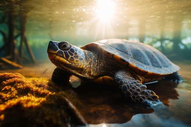 Tartaruga che nuota nell'acqua con la luce del sole che splende sulla schiena IA generativa