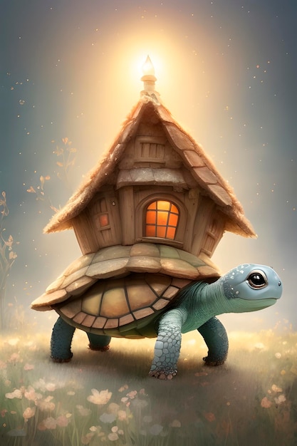 Tartaruga che trasporta la casa delle fate sul suo guscio