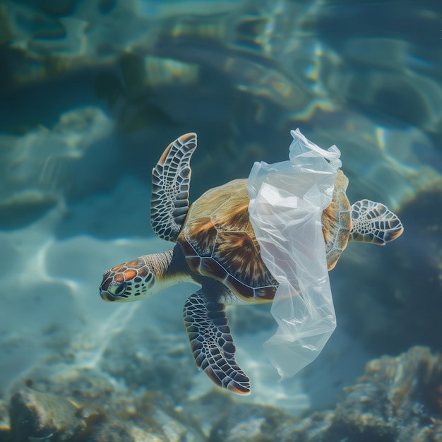 Tartaruga con detriti di plastica sul suo guscio in mare