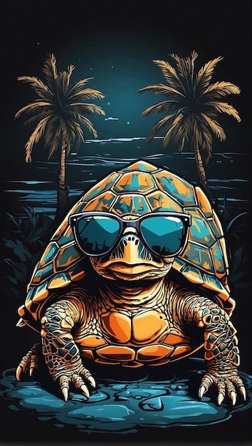 Tartaruga con occhiali da sole Scena di spiaggia Disegno di adesivo vettoriale semplice