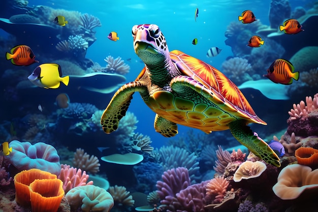 tartaruga con pesci tropicali colorati e vita marina animale negli animali della barriera corallina del subacqueo
