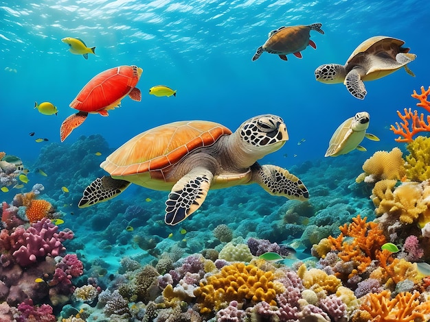 tartaruga con un gruppo di pesci colorati e animali marini con coralli colorati sott'acqua nell'oceano
