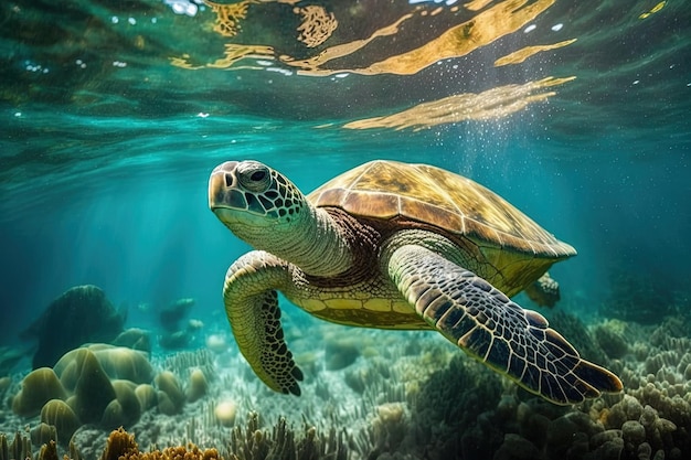 Tartaruga di mare verde che nuota corallo bello chiaro