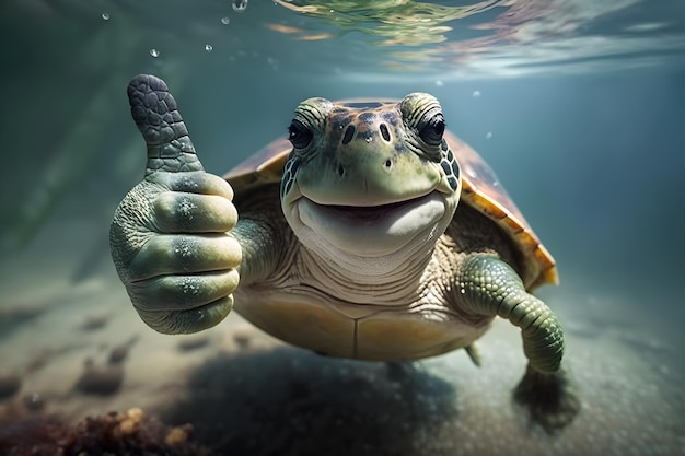 Tartaruga divertente sott'acqua che mostra il pollice in su