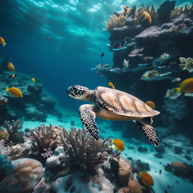 tartaruga in un paradiso sottomarino con colorate barriere coralline pesci tropicali e wa blu cristallino