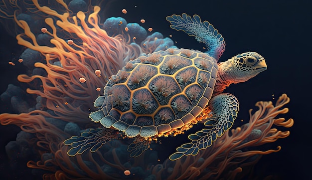 Tartaruga iridescente composta da coralli marini ed elementi spaziali con intelligenza artificiale generativa