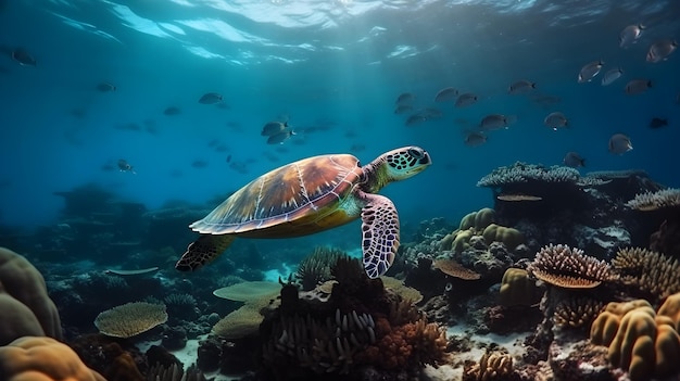 tartaruga marina che nuota nell'oceano con pesci di scuola fuori dall'acqua