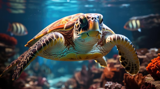 Tartaruga marina che scivola attraverso la barriera corallina