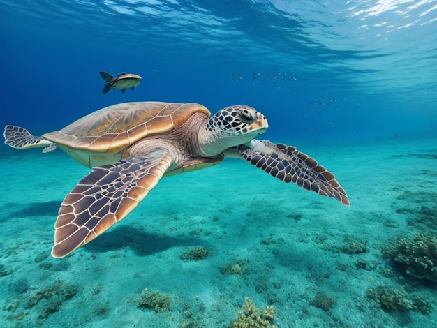 Tartaruga marina che scivola attraverso la barriera corallina