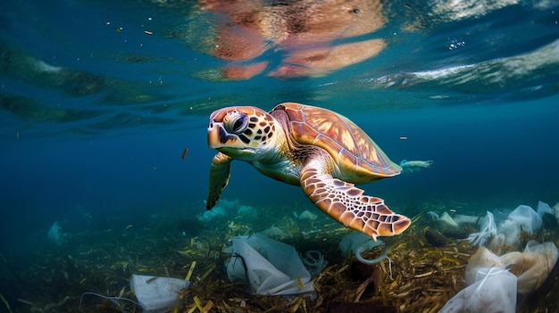 Tartaruga marina in acqua circondata da rifiuti di plastica IA generativa