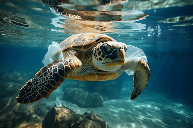 Tartaruga marina intrappolata in sacchetti di plastica Problema di inquinamento ambientale di spazzatura e rifiuti nell'oceano