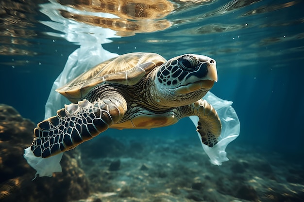 Tartaruga marina intrappolata in sacchetti di plastica Problema di inquinamento ambientale di spazzatura e rifiuti nell'oceano