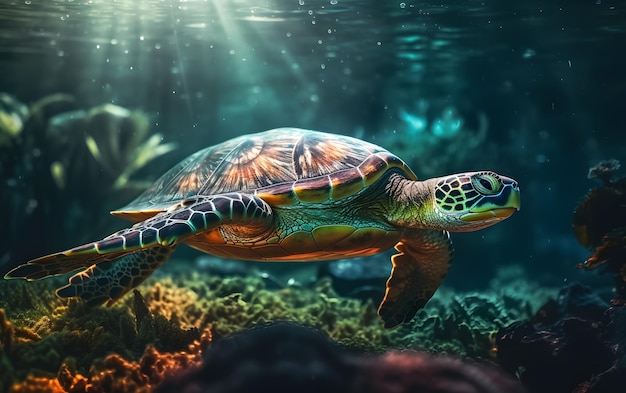 Tartaruga marina sott'acqua sullo sfondo