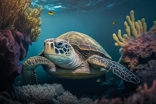 Tartaruga marina sott'acqua vicino alle barriere coralline IA generativa