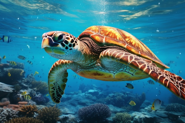 Tartaruga marina sott'acqua vita marina naturale con coralli