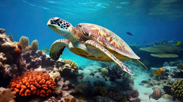 Tartaruga marina tropicale gigante sott'acqua nel luminoso e colorato paesaggio della barriera corallina