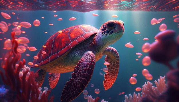 tartaruga rossa nell'oceano con piante marine